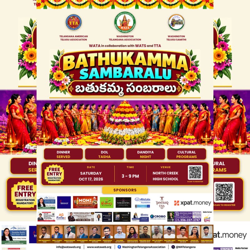 A colorful event flyer for Bathukamma Sambaralu features women in traditional sarees gathered around a floral arrangement in the foreground, with event details and sponsor logos set against a light-colored background.