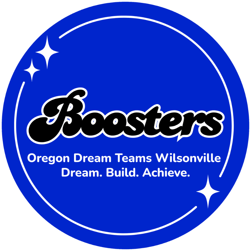 White text and a stylized black "Boosters" logo sit in the foreground of a circular blue background accented with white stars and a thin white border.