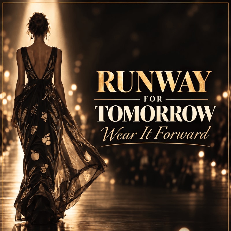 A woman in an elegant black gown stands in the foreground facing away from the viewer, set against a blurred background of golden lights and a crowd with the text "RUNWAY FOR TOMORROW Wear It Forward."