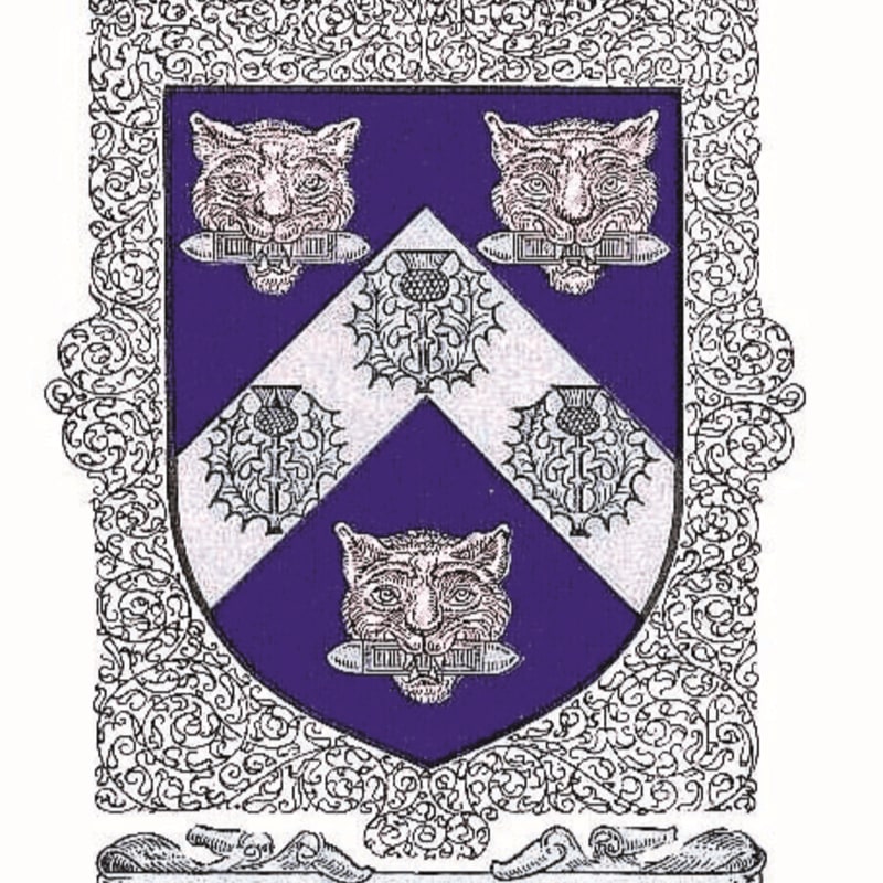 A purple shield featuring three leopard faces and three thistles is set against a highly ornate, swirling white background.