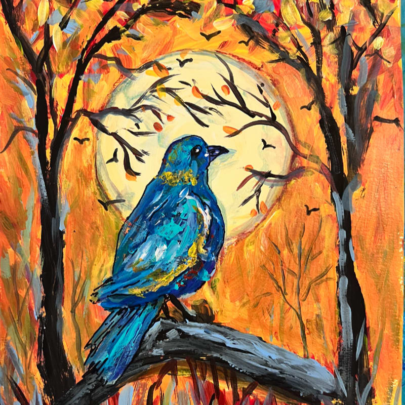 A vibrant blue bird perches on a dark branch in the foreground, set against a background of orange autumn trees and a large, glowing yellow moon.
