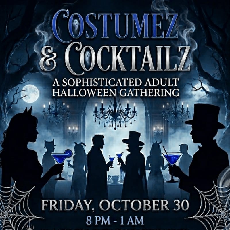 Silhouetted figures in costumes hold cocktails in the foreground of a spooky, moonlit gothic hall with chandeliers and swirling mist in the background.