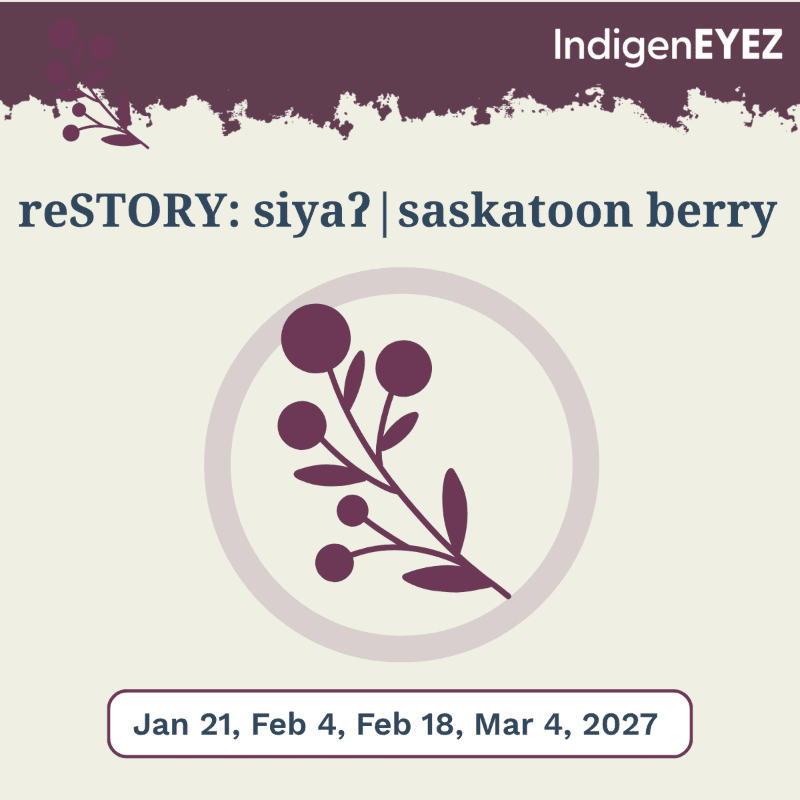 A purple illustration of a saskatoon berry branch sits inside a circle against a light beige background with text and a dark purple header.