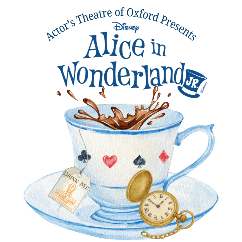 A teacup with splashing brown liquid, a "Drink Me" tag, and a gold pocket watch sit on a saucer against a white background with blue text.