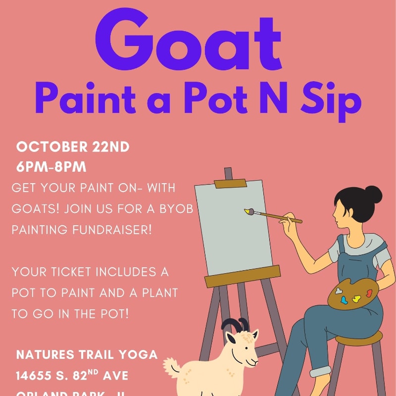 A woman painting on an easel and a small goat stand in the foreground against a pink background featuring purple and white event text.