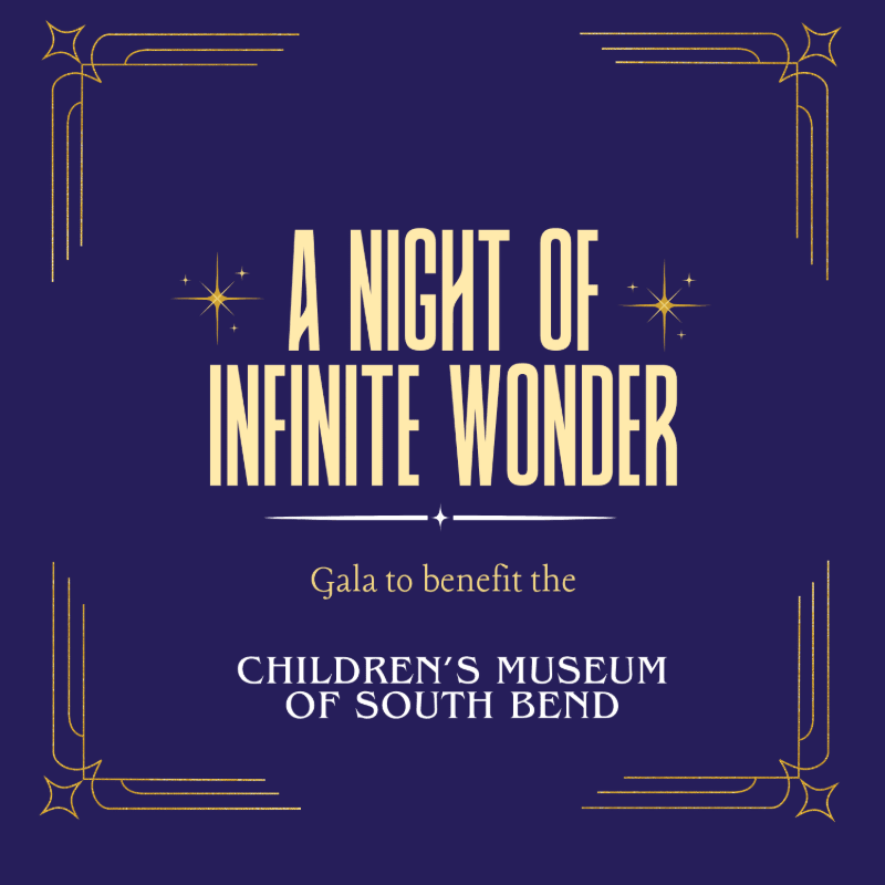 Gold Art Deco text and borders frame a dark blue background for a gala benefiting the Children's Museum of South Bend.