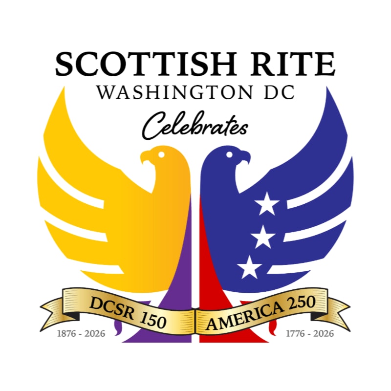 Two stylized eagles in yellow and blue face away from each other above a celebratory banner, set against a white background with "SCOTTISH RITE WASHINGTON DC Celebrates" text.