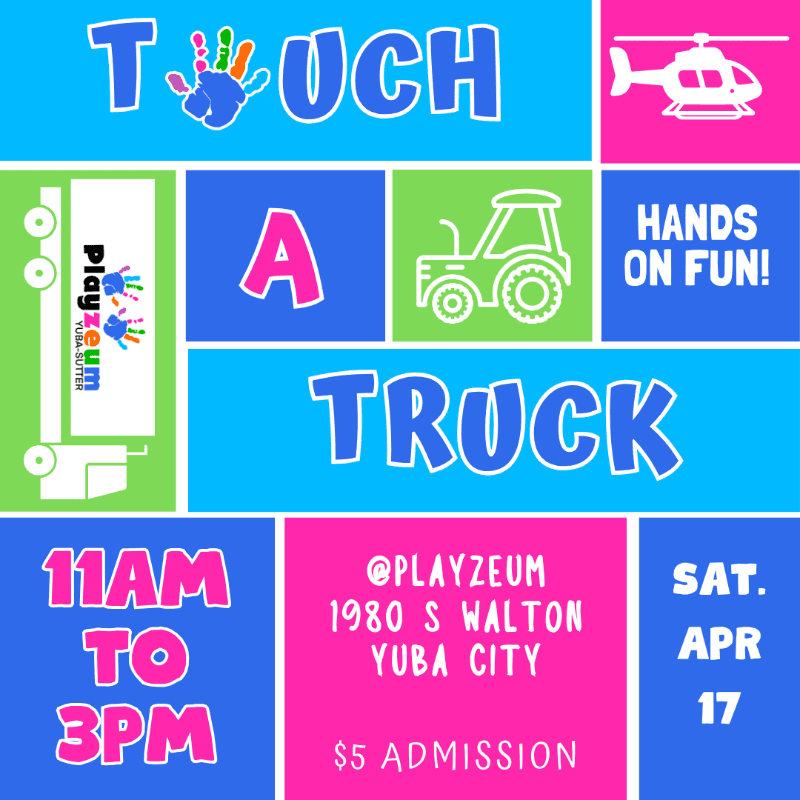 A colorful event flyer for "Touch A Truck" features bold white and pink text in the foreground against a grid of bright blue, green, and pink background squares containing vehicle icons.