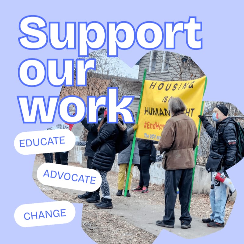 Large blue and white text and call-to-action bubbles overlay a group of people holding a yellow "Housing is a Human Right" banner on a residential street.
