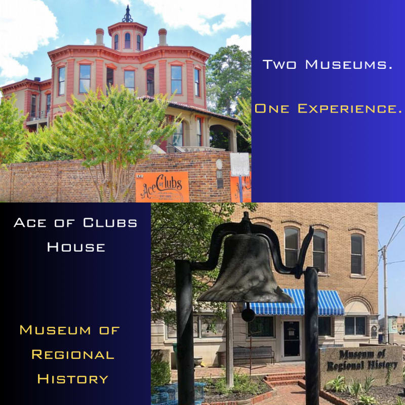 A collage featuring a red Victorian house and a large bell in front of a brick museum building, set against blue and black backgrounds with descriptive text.