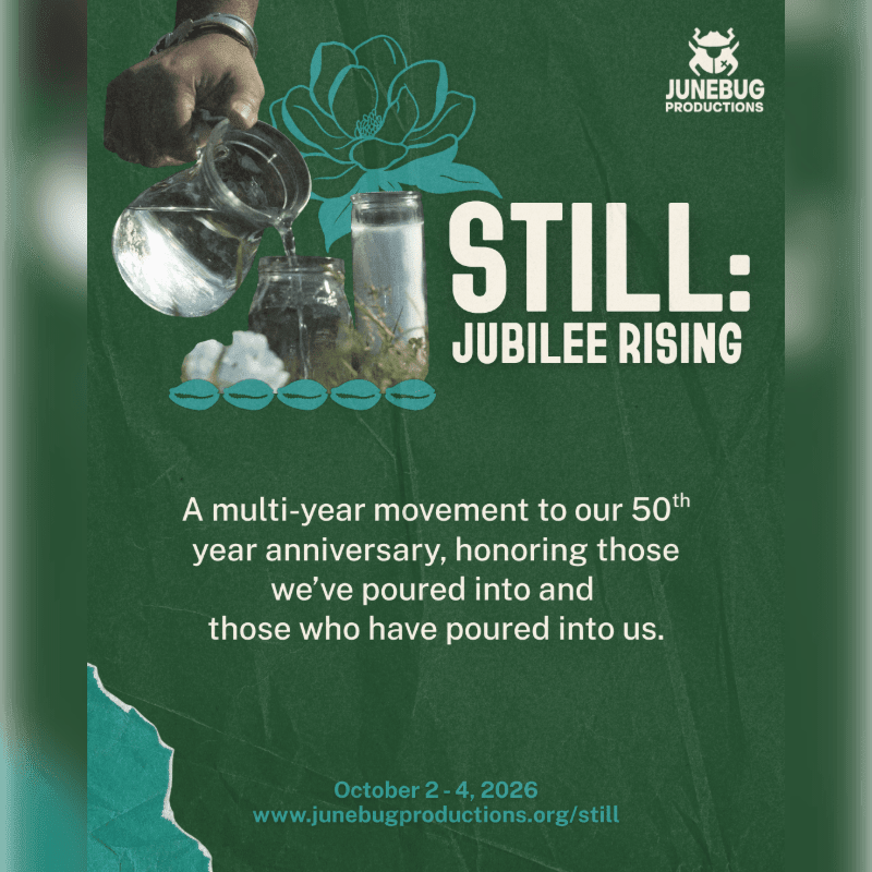 A hand pours water from a glass pitcher into jars against a dark green background featuring a floral illustration and promotional text for Junebug Productions.