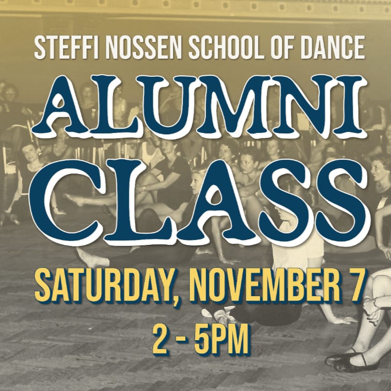 Bold blue and yellow text announcing an alumni dance class overlays a vintage black-and-white photo of students in a dance studio.
