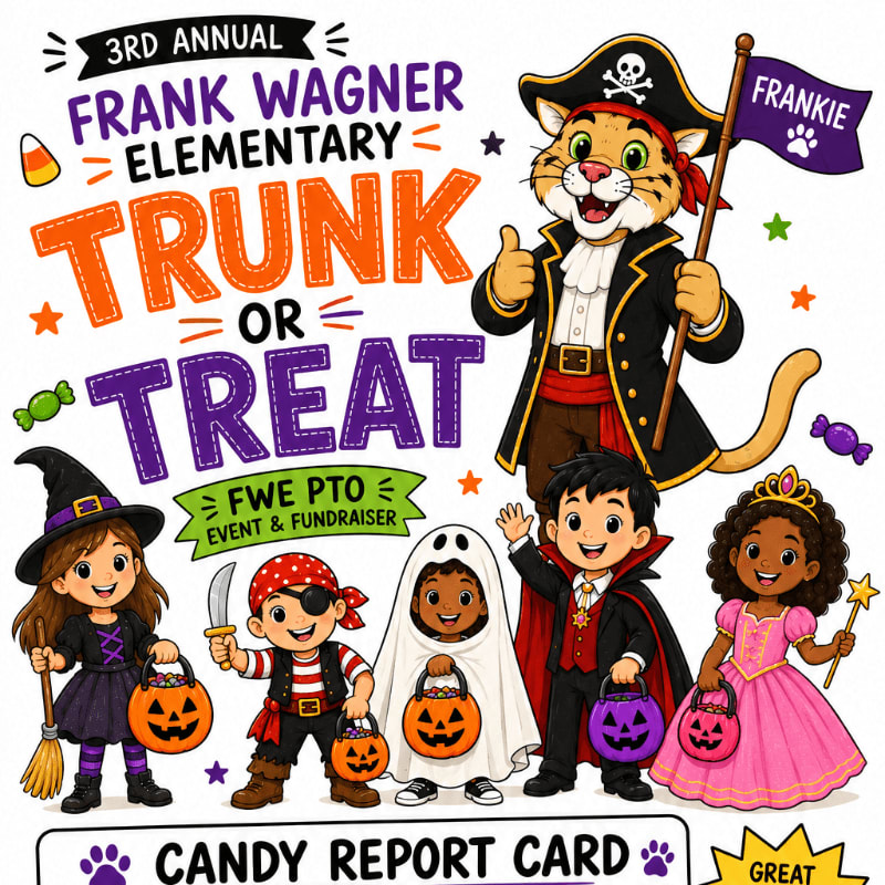 A group of children in Halloween costumes stands in the foreground before a large "Trunk or Treat" announcement and a pirate tiger in the background.