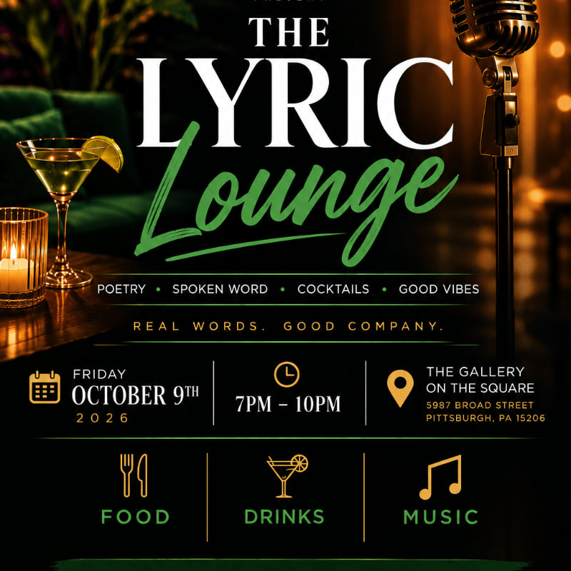 A promotional flyer for "The Lyric Lounge" features a cocktail glass and candle in the foreground against a blurred lounge background with a vintage microphone.