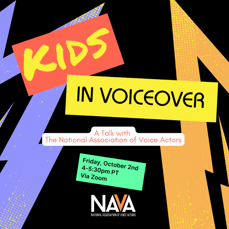 Colorful text boxes announcing a "Kids in Voiceover" talk with NAVA are set against a black background with vibrant, jagged geometric shapes.