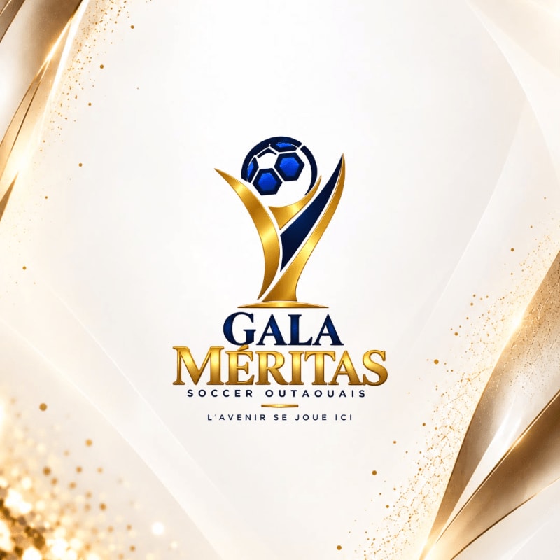 A gold and blue soccer trophy logo with the text "GALA MÉRITAS SOCCER OUTAQUAIS" is centered against a bright white background with shimmering gold accents.