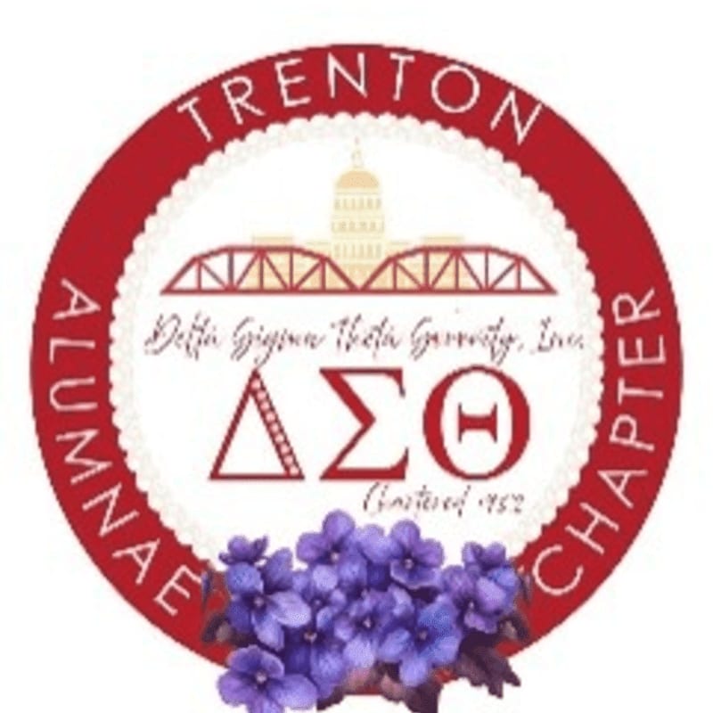 A circular emblem with "Trenton Alumnae Chapter" and "Delta Sigma Theta Sorority, Inc." is overlaid on a white background, with a cluster of purple violets in the foreground.