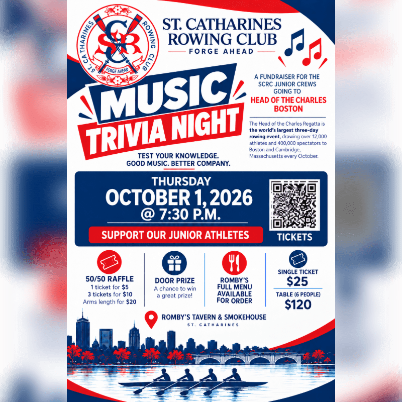 A promotional flyer for a Music Trivia Night fundraiser features event details and pricing in the foreground against a red, white, and blue themed background with a rowing scene at the bottom.