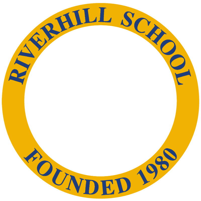 A yellow circular border with blue text reading "RIVERHILL SCHOOL" and "FOUNDED 1980" surrounds a plain white background.