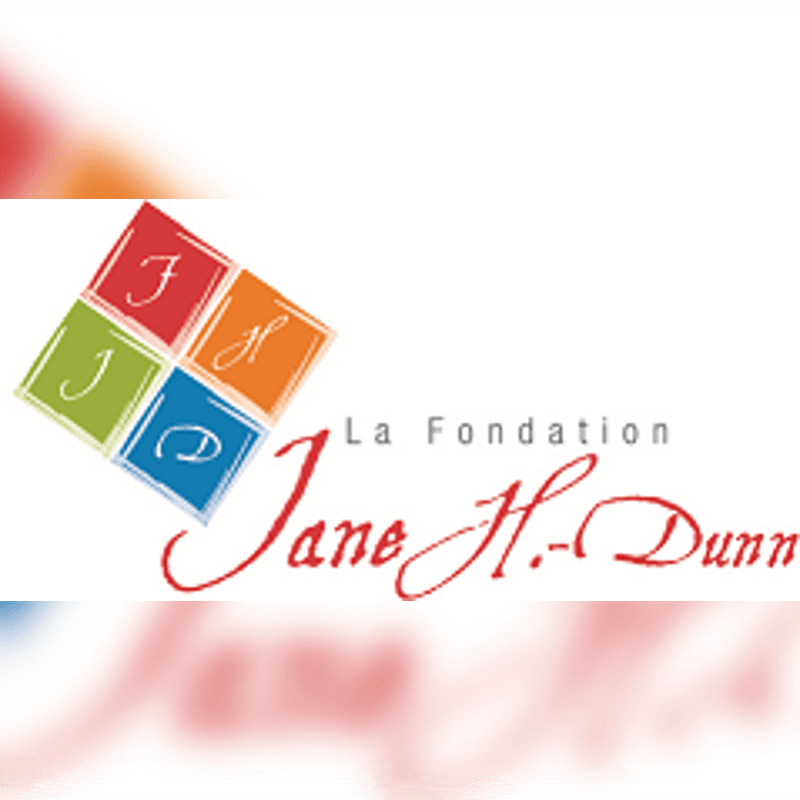 A colorful four-square logo and the text "La Fondation Jane H. Dunn" are centered against a white background with blurred colorful edges.