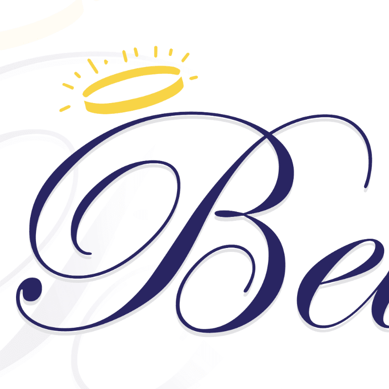 A dark blue cursive "Be" with a yellow halo above it is set against a white background with faint, swirling grey lines.