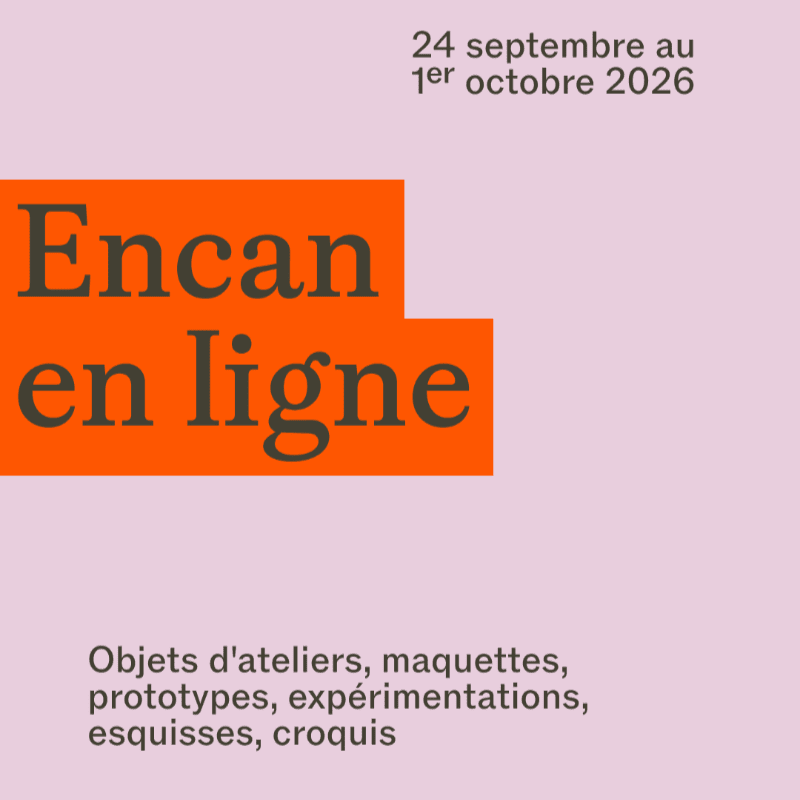Bold orange rectangles with the text "Encan en ligne" sit in the foreground against a pale pink background featuring dates and a list of items.
