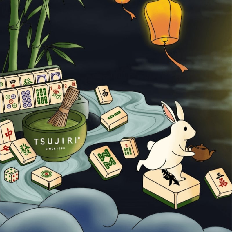 A white rabbit stands on mahjong tiles beside a bowl of matcha tea, set against a dark night sky with glowing lanterns and bamboo.