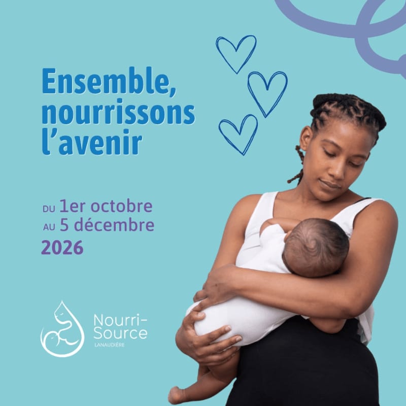 A woman breastfeeding a baby is positioned in the foreground against a purple background featuring French text, dates, and heart illustrations.