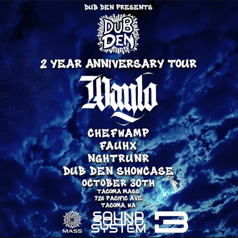White event text and logos for a Dub Den anniversary tour are layered over a dark, cloudy blue sky.