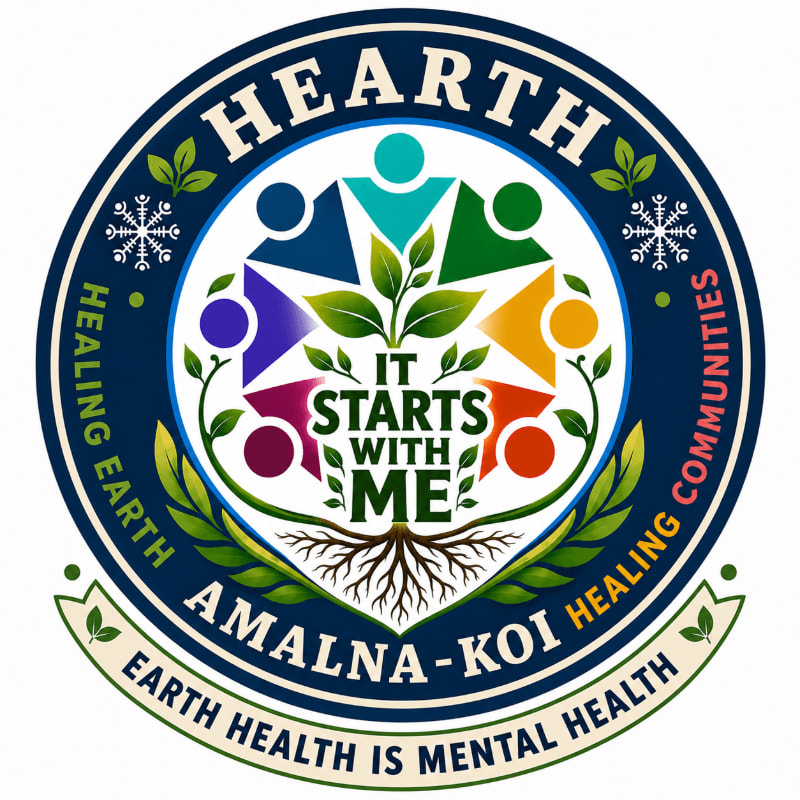 A colorful circular logo featuring stylized human figures and a growing plant with roots in the center, surrounded by a dark blue border with the text "HEARTH," "AMALNA-KOI," and "EARTH HEALTH IS MENTAL HEALTH" against a plain white background.