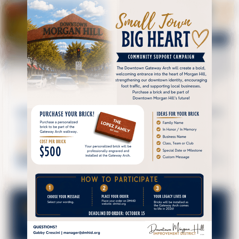 A promotional flyer for a community support campaign features a photo of the Downtown Morgan Hill archway in the foreground and a white background with detailed text and instructions.