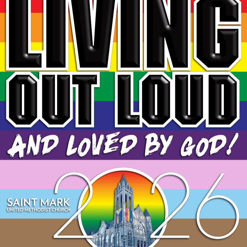 Bold black and white text reading "LIVING OUT LOUD AND LOVED BY GOD!" sits atop a rainbow-striped background with a church image and the year 2026 at the bottom.
