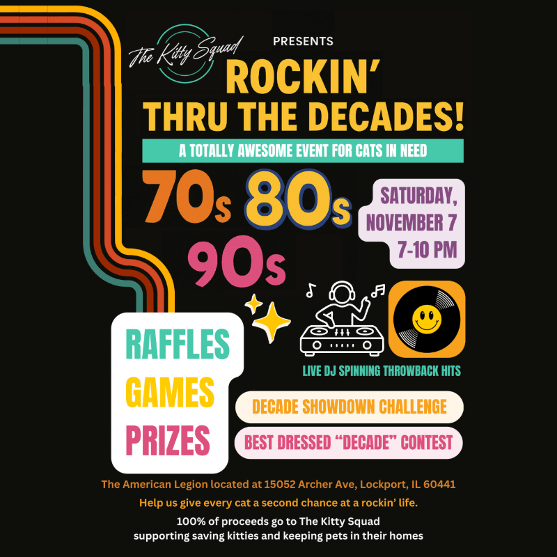 Colorful event text and graphics for "Rockin' Thru the Decades" are set against a solid black background.