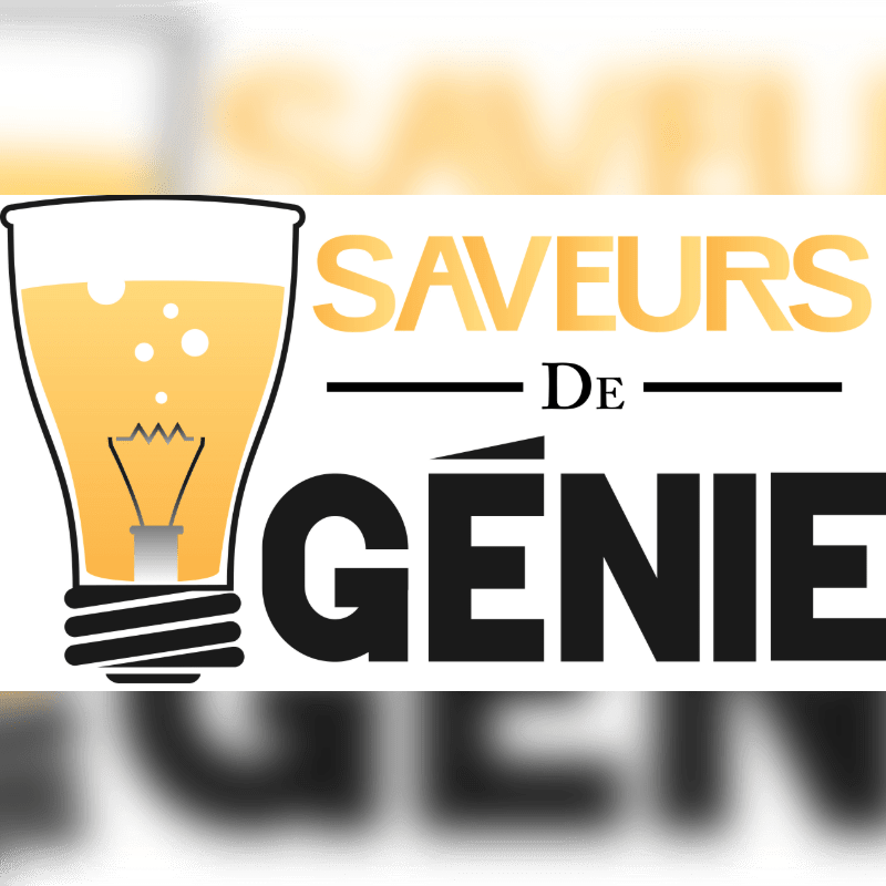 A logo featuring a lightbulb-shaped glass filled with yellow liquid and the text "SAVEURS DE GÉNIE" set against a blurred white and yellow background.