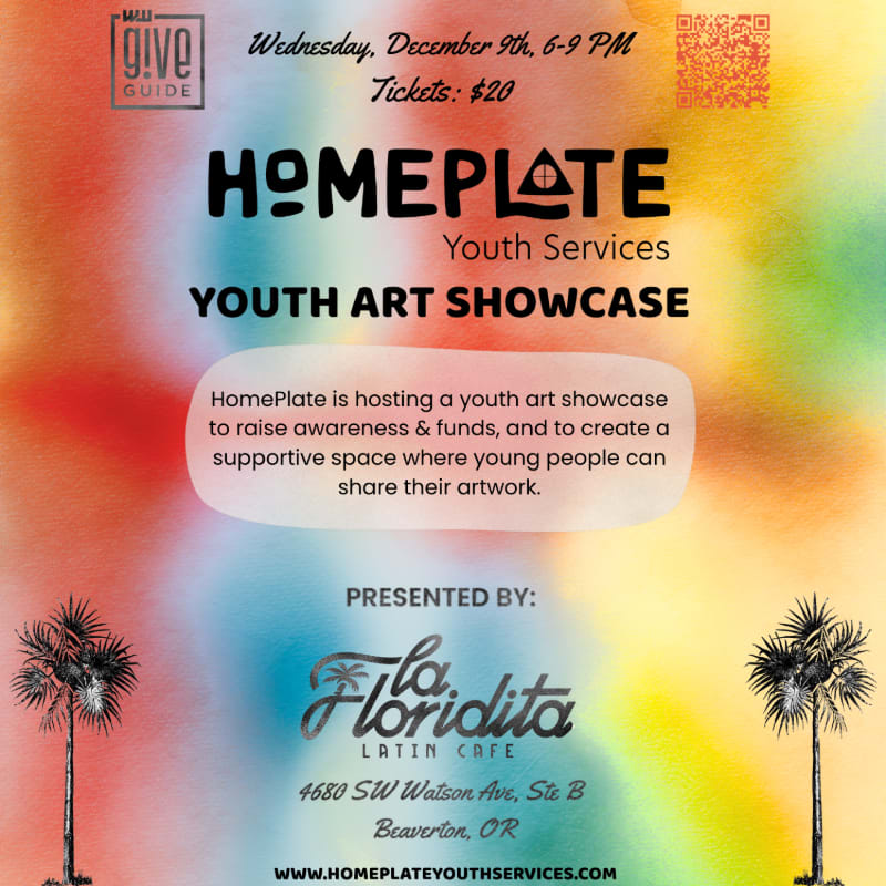 Text announcing a youth art showcase is centered over a colorful, blurred rainbow background flanked by two palm trees in the foreground.