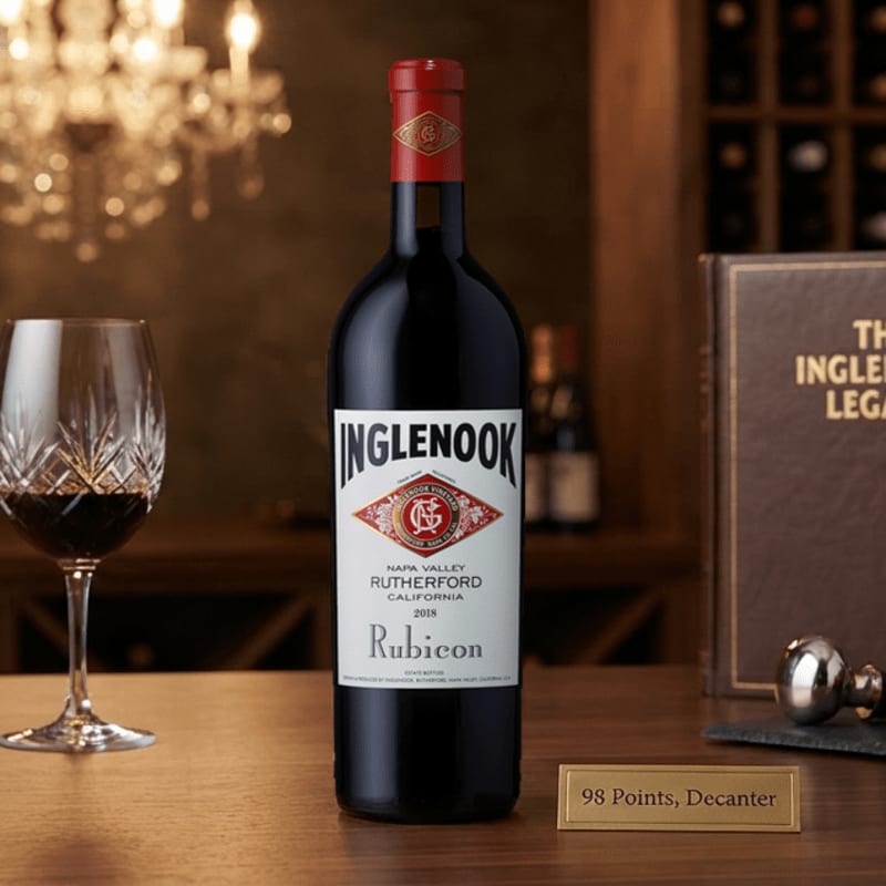 A bottle of Inglenook Rubicone wine and a glass of red wine sit on a wooden table in front of a blurred background featuring a chandelier and a wine cellar.
