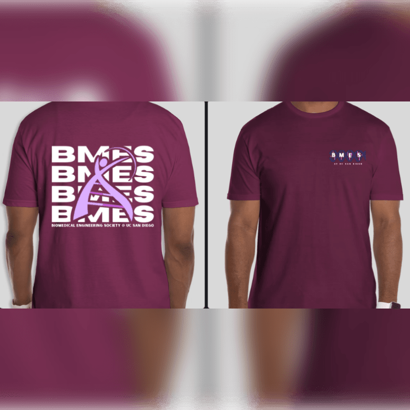 Two maroon t-shirts featuring white BME logos and a pink ribbon are displayed against a blurred, matching maroon background.
