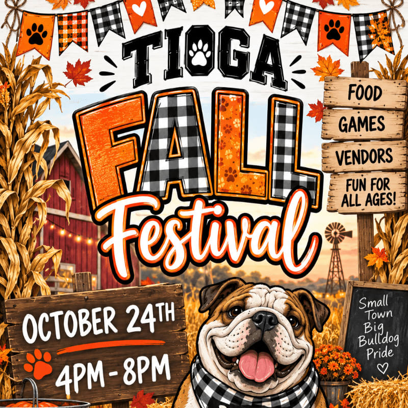 A smiling bulldog wearing a plaid scarf sits in the foreground of a fall festival advertisement featuring a rustic farm background with a red barn and a windmill.