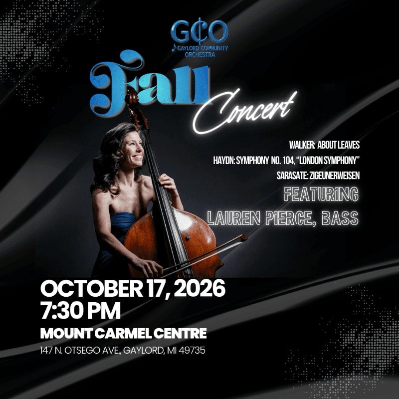 A woman playing a double bass is featured in the foreground of a concert advertisement set against a dark, stylized background with event details and text.