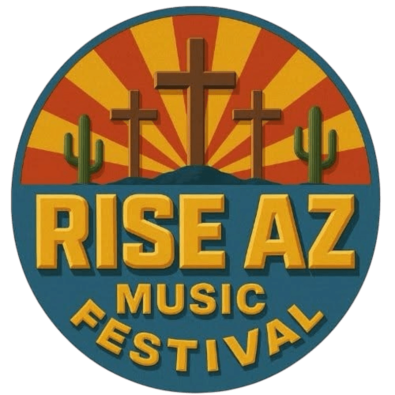 Three crosses and cacti stand in the foreground against a sunburst background within a circular logo for the Rise AZ Music Festival.