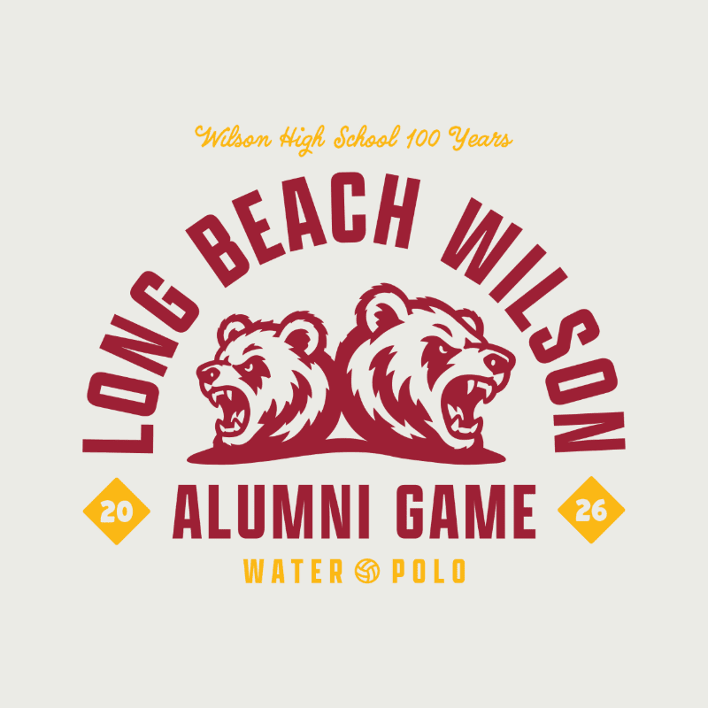 Two red bear heads and event text are centered against a plain light gray background.