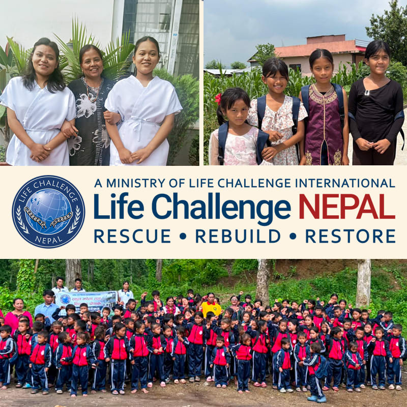 A collage features three women in white and black attire, four young girls with backpacks, and a large group of children in red and blue uniforms, separated by a central banner for Life Challenge Nepal.