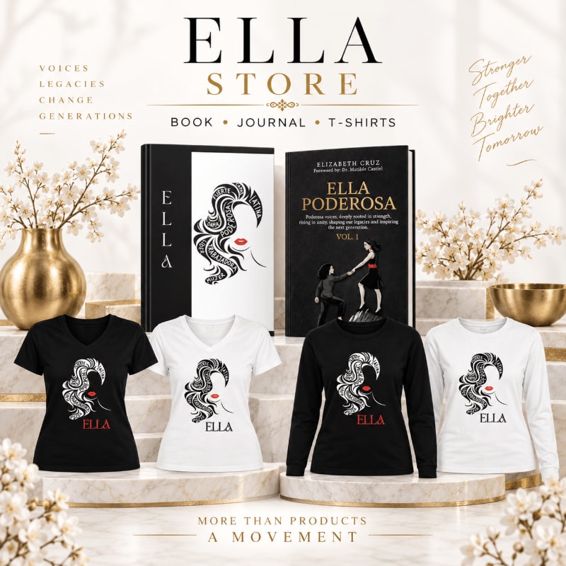 Four t-shirts and two books are displayed on white steps in the foreground, set against a clean white background with gold accents and elegant typography.