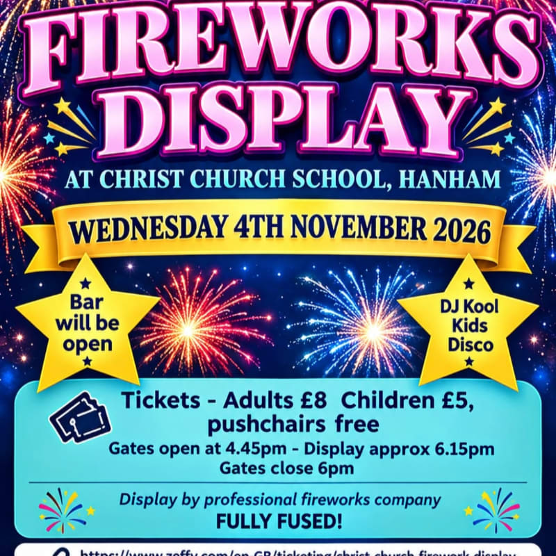 A colorful fireworks display advertisement with bold pink text and yellow stars in the foreground set against a dark blue night sky filled with exploding fireworks in the background.