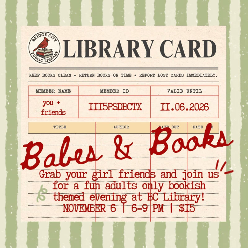 A library card invitation for "Babes & Books" sits in the foreground against a background of vertical green and white stripes.