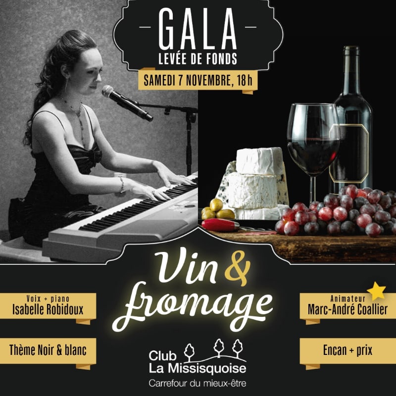A woman playing a keyboard in black and white is positioned on the left, while a bottle of red wine, a glass, cheese, and grapes are set against a dark background on the right.