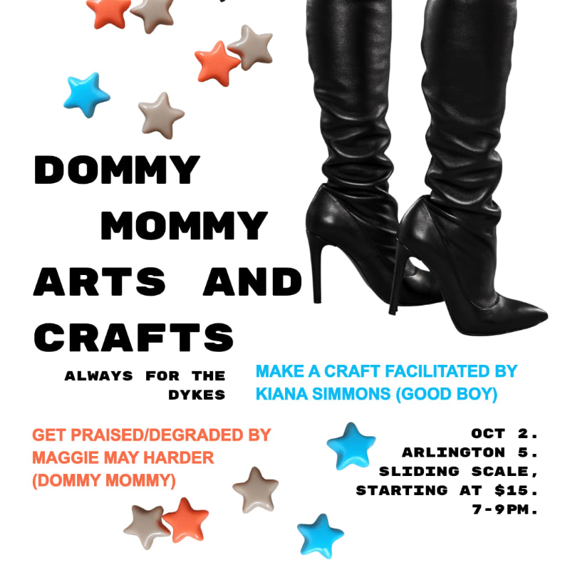 Black high-heeled boots and colorful star shapes surround bold black and colored text on a plain white background.