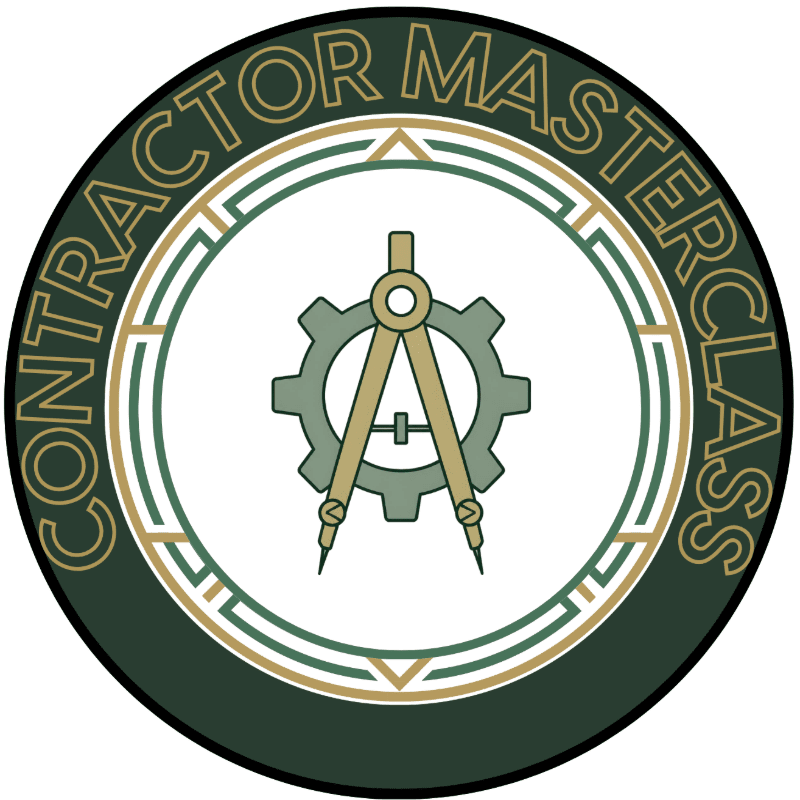 A gold drafting compass and gear are centered within a white circle, surrounded by concentric rings and a dark green border featuring the text "CONTRACTOR MASTERCLASS".