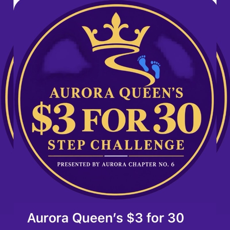A gold-bordered purple circle containing a crown, footprints, and text for the "Aurora Queen's $3 for 30 Step Challenge" is set against a solid purple background.