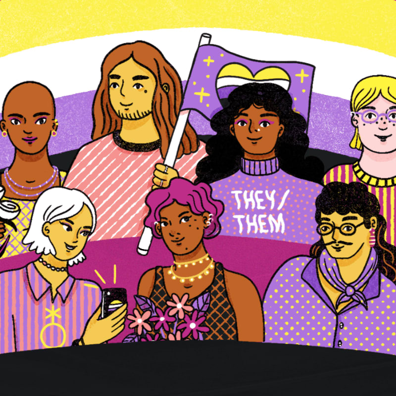 A diverse group of people stand together in the foreground, with one person holding a non-binary pride flag against a yellow and white background.